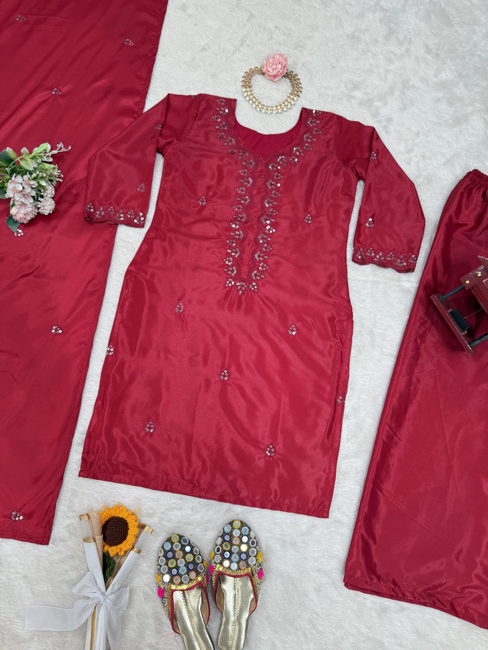 Casual Wear Dark Pink Color Chinon Silk And Thread With Sequence Work Salwar Suit