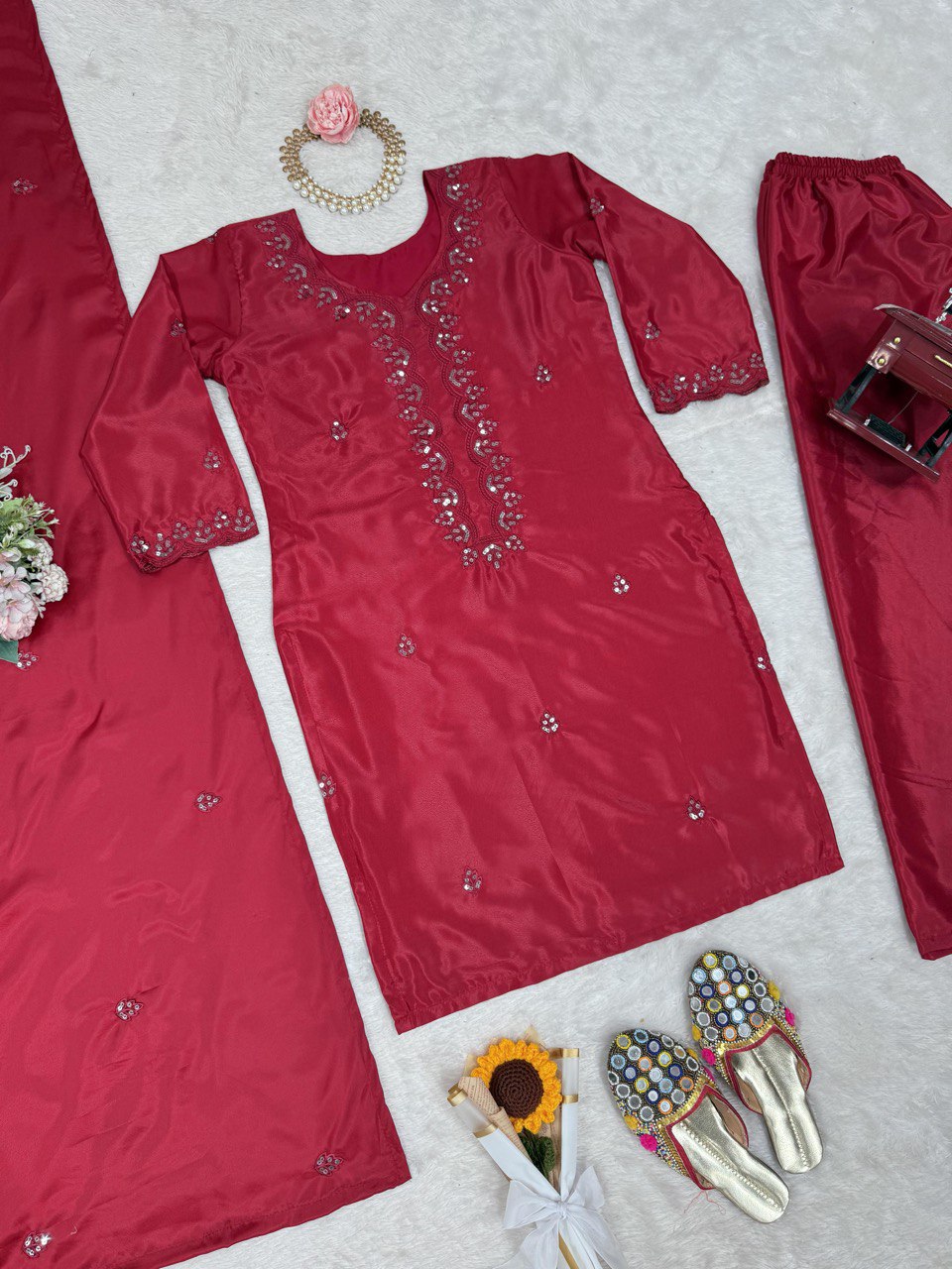 Casual Wear Dark Pink Color Chinon Silk And Thread With Sequence Work Salwar Suit