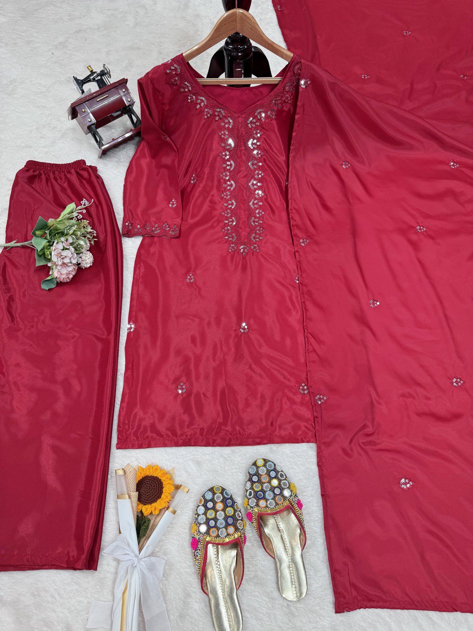 Casual Wear Dark Pink Color Chinon Silk And Thread With Sequence Work Salwar Suit