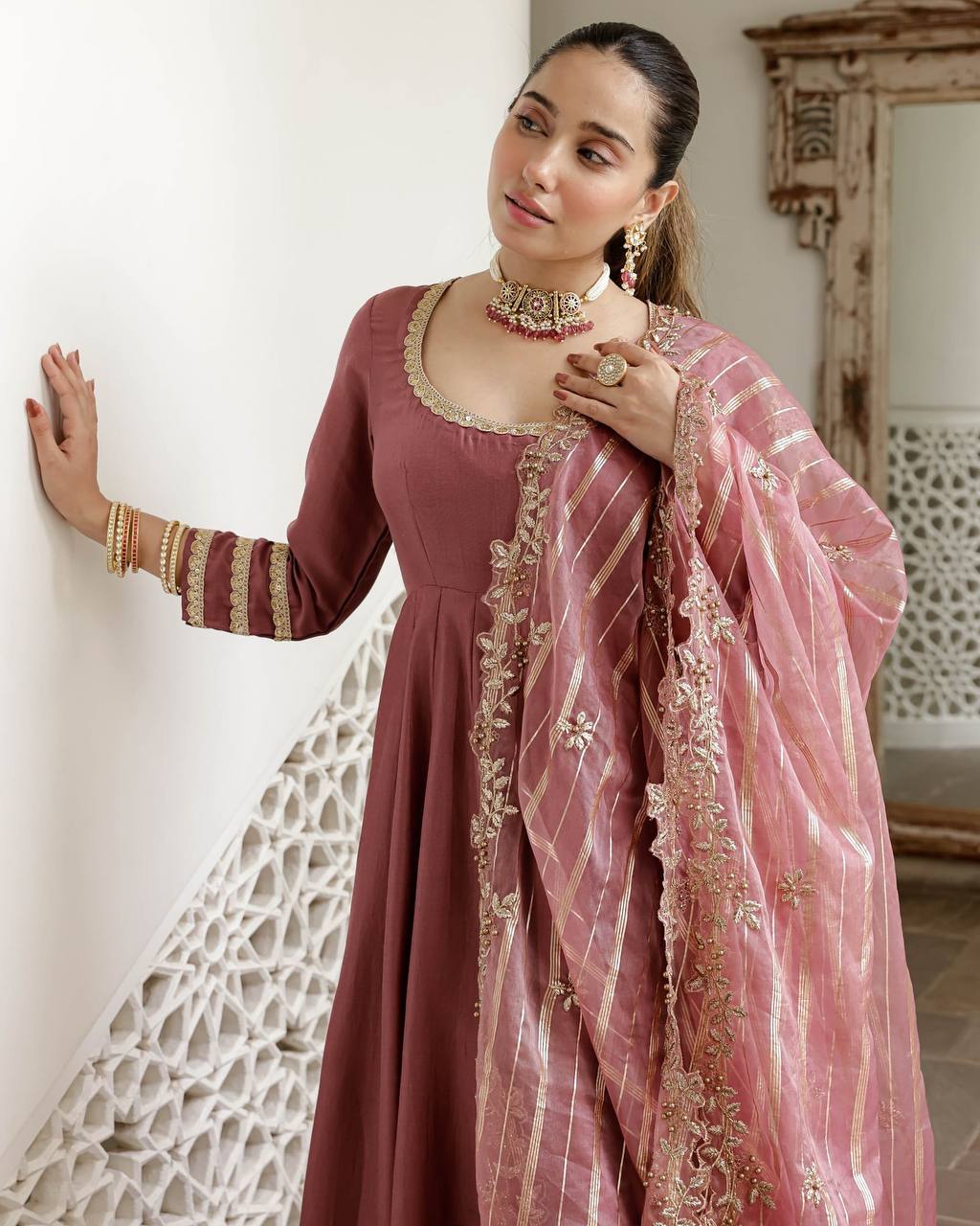 Wedding Wear Dusty Pink Color Designer Anarkali Gown