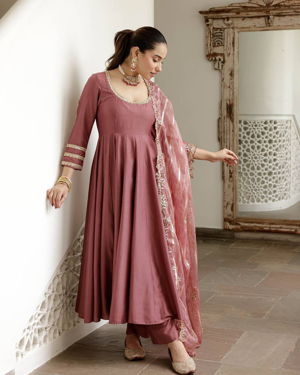 Wedding Wear Dusty Pink Color Designer Anarkali Gown