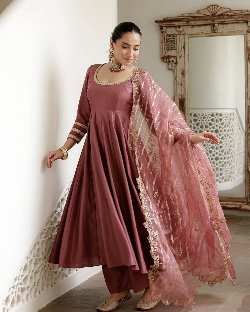 Wedding Wear Dusty Pink Color Designer Anarkali Gown