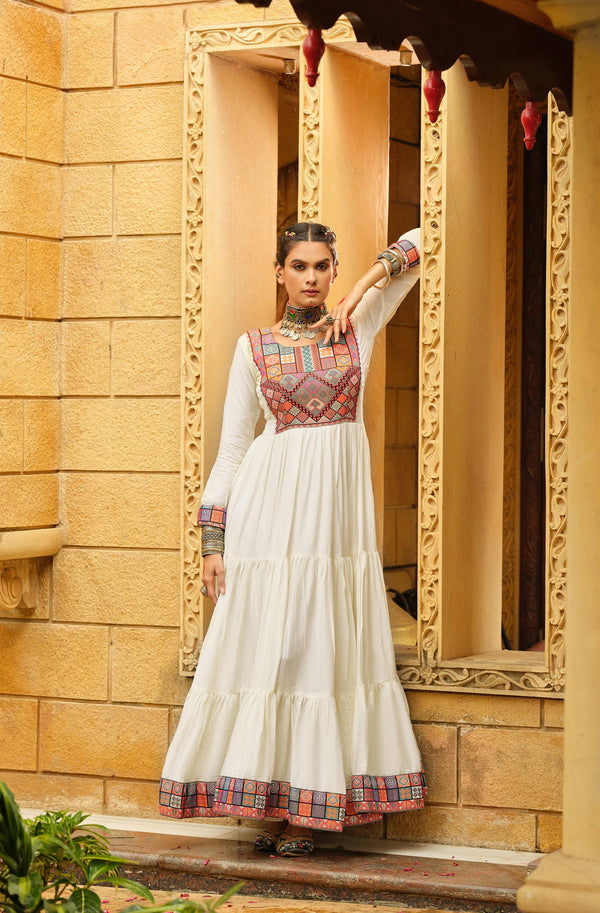Off White Color Gamthi Jacquard Weaving Work Navratri Gown