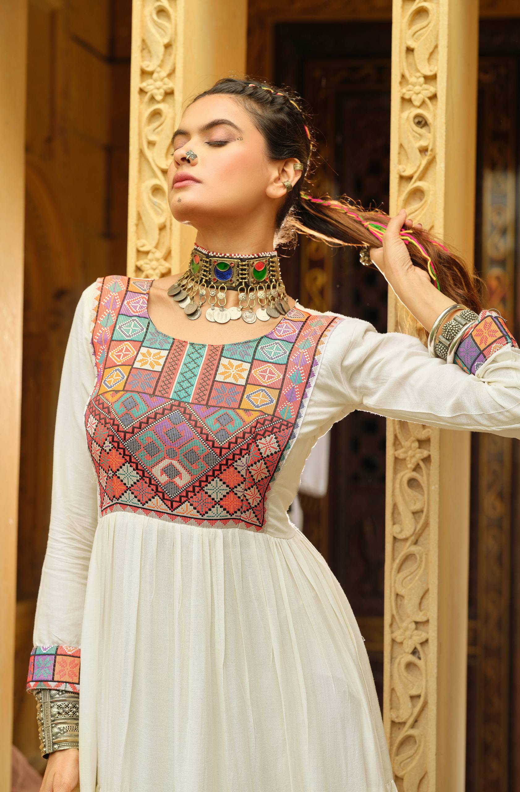 Off White Color Gamthi Jacquard Weaving Work Navratri Gown