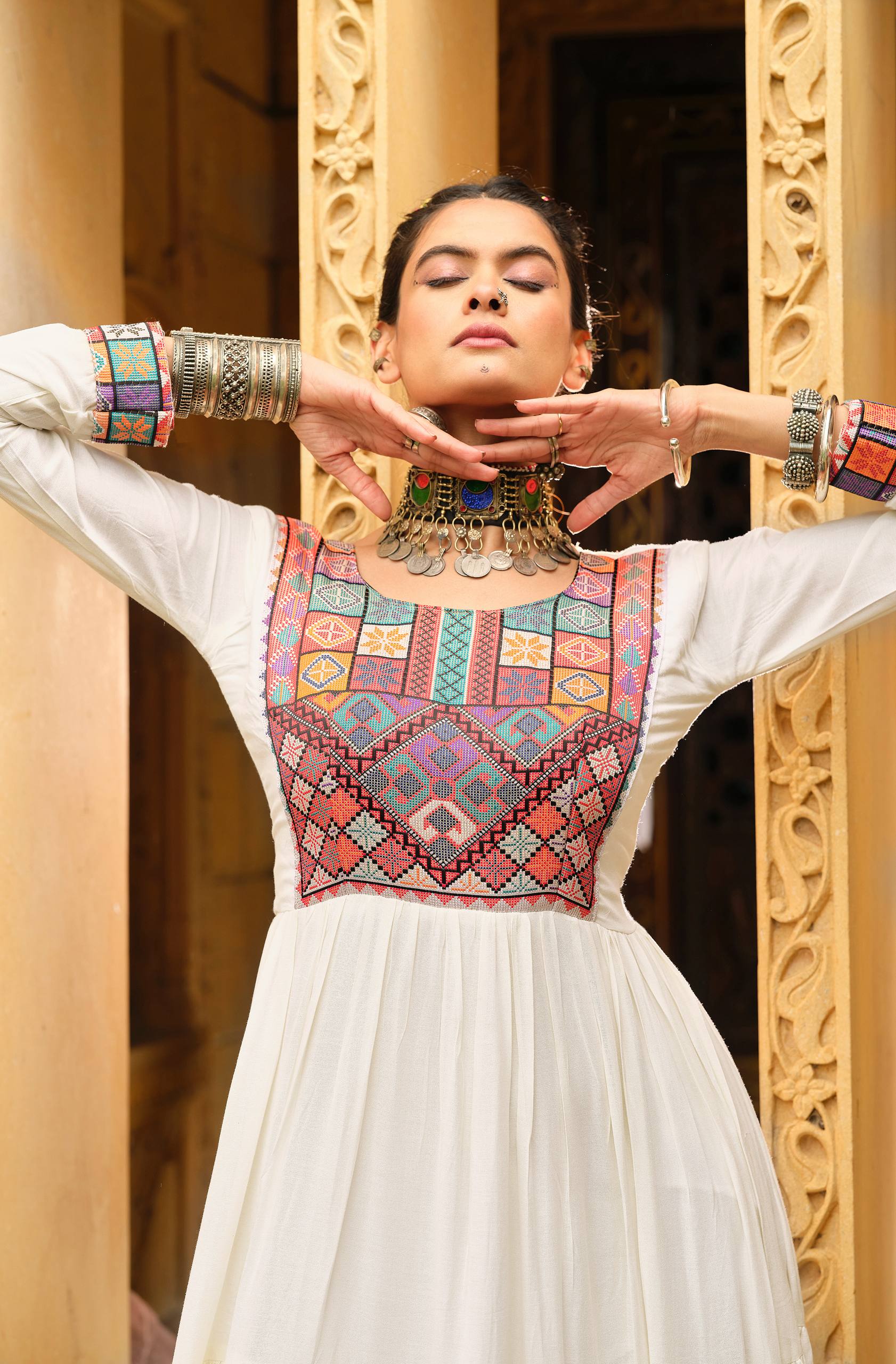 Off White Color Gamthi Jacquard Weaving Work Navratri Gown
