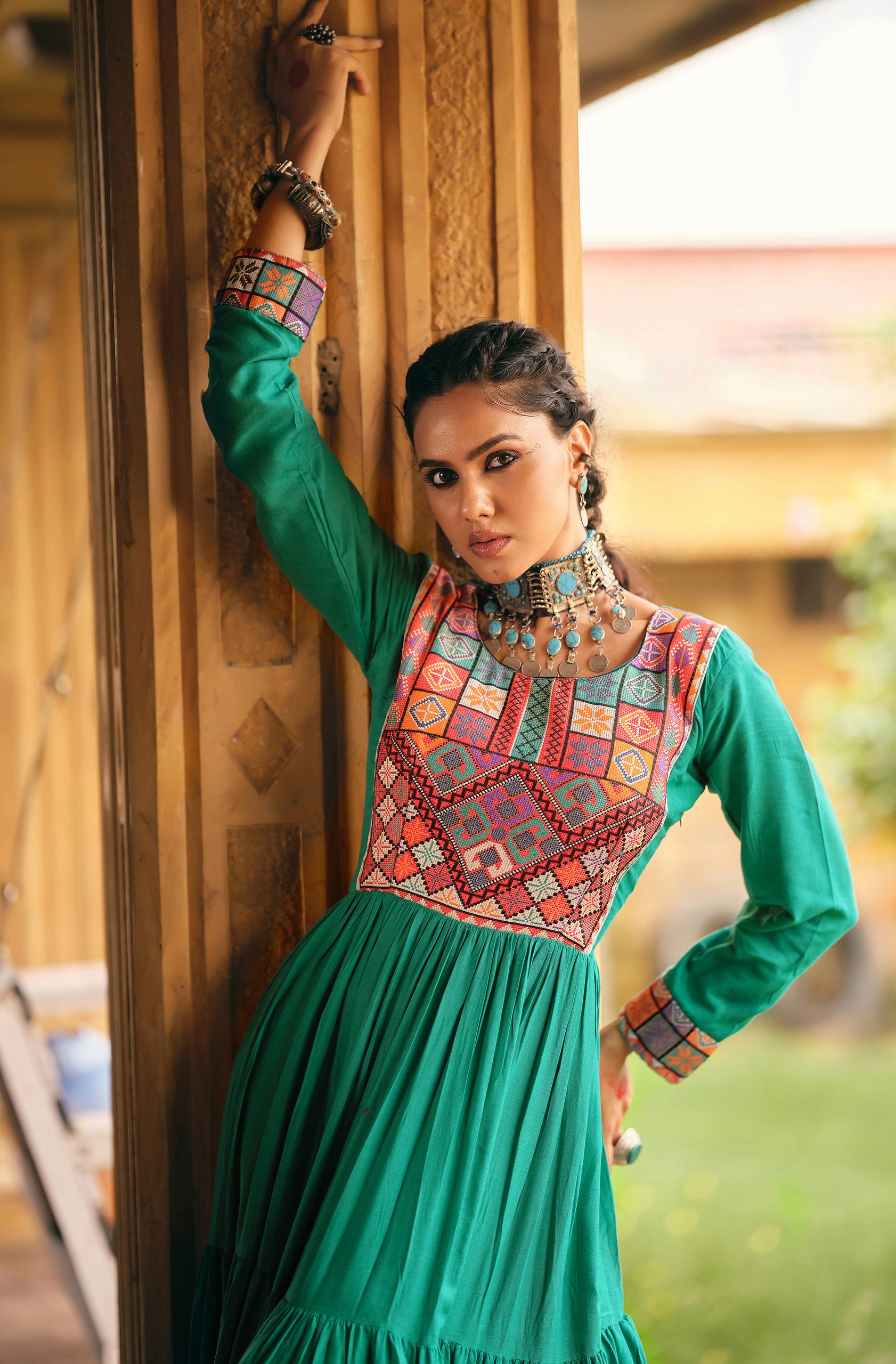 Green Color Gamthi Jacquard Weaving Work Navratri Gown