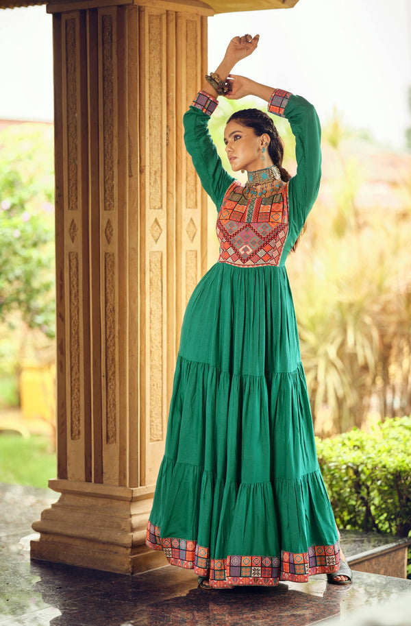Green Color Gamthi Jacquard Weaving Work Navratri Gown