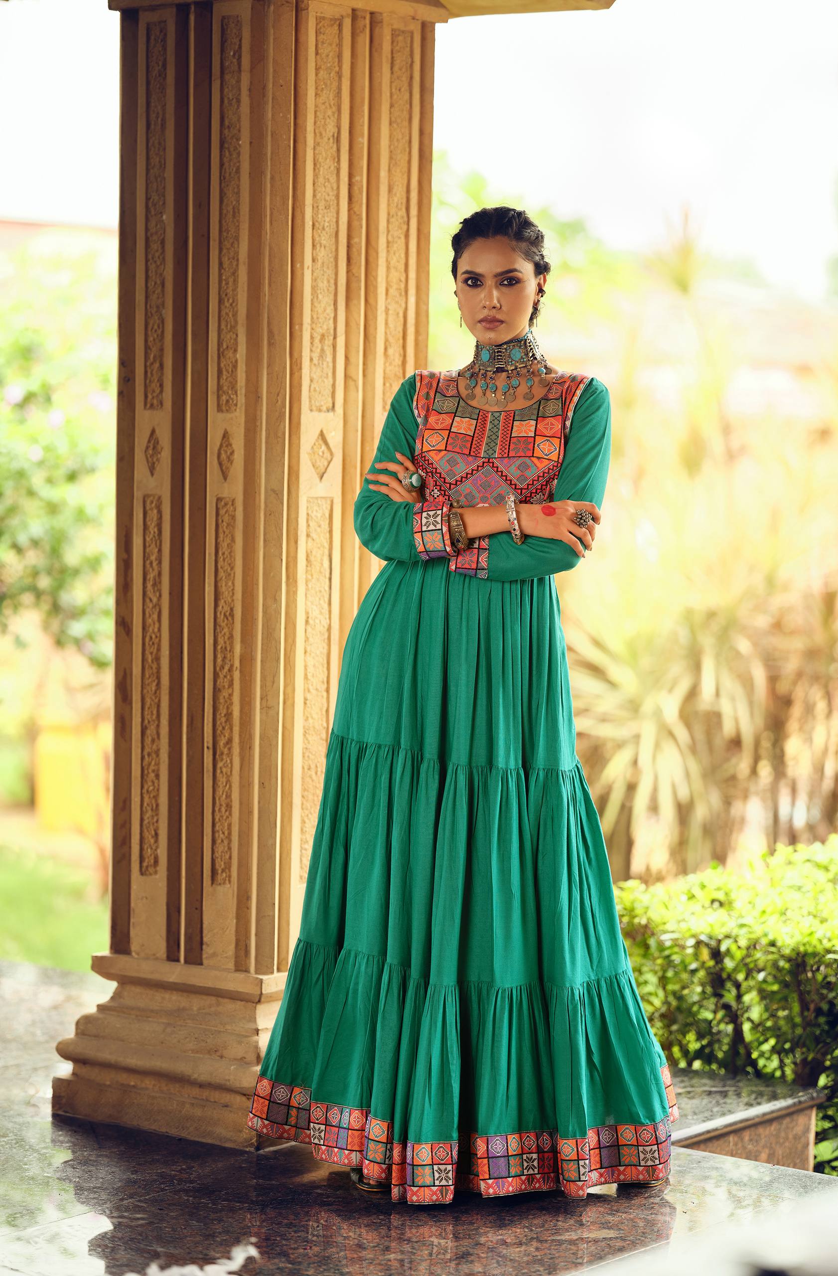 Green Color Gamthi Jacquard Weaving Work Navratri Gown