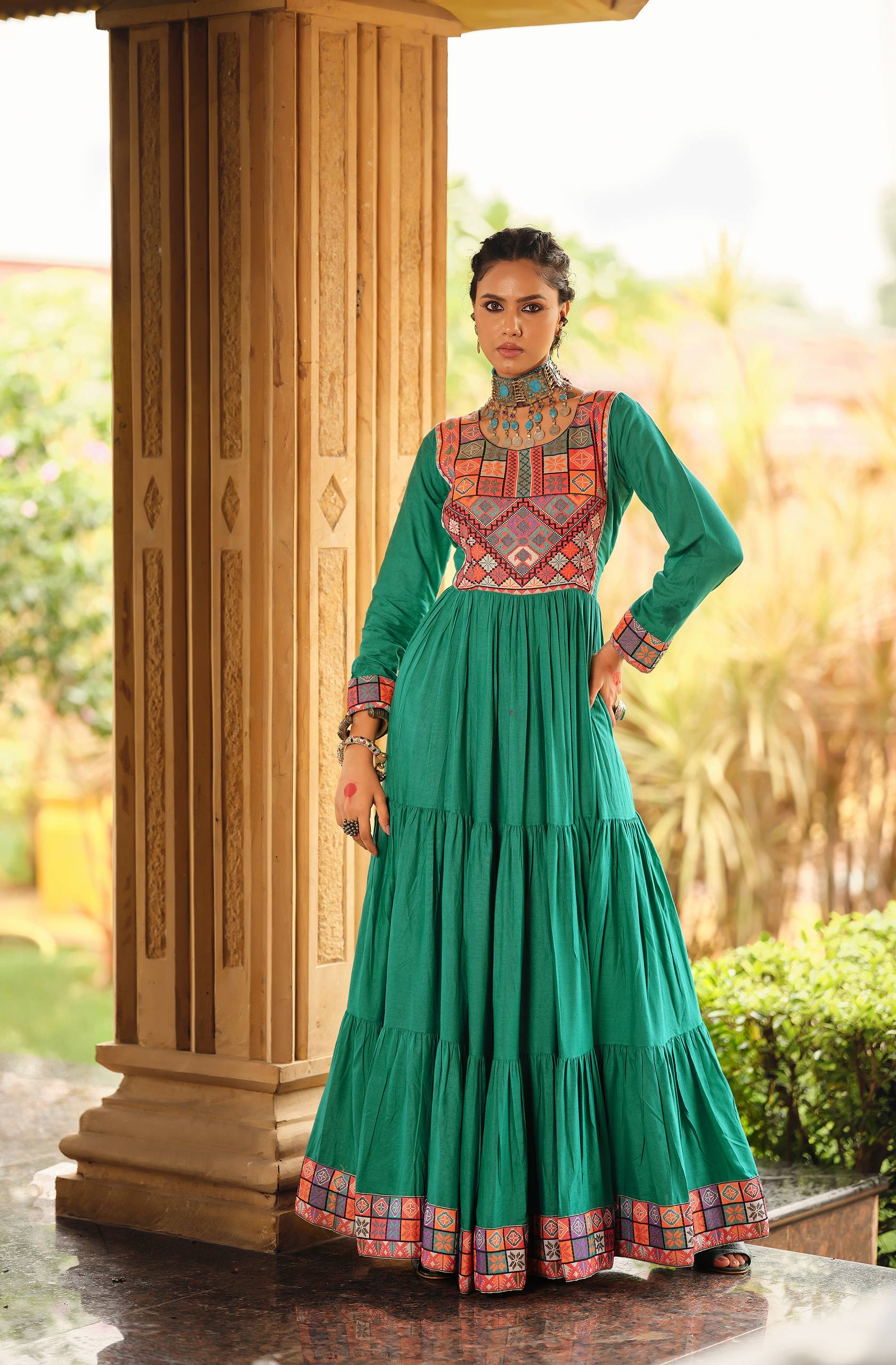 Green Color Gamthi Jacquard Weaving Work Navratri Gown
