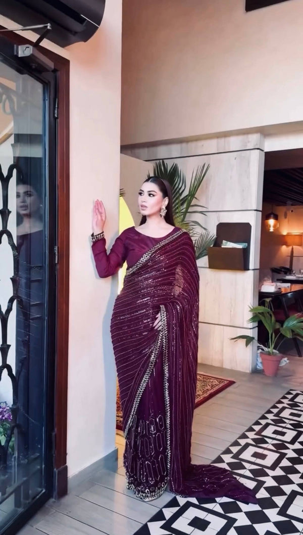Wedding Wear Wine Color Sequins Work Designer Saree