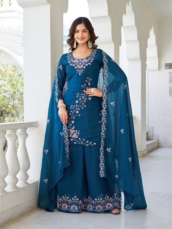 Wedding Wear Teal Color Star Georgette Moti Work And sequence Embroidery Work Palazzo Suit