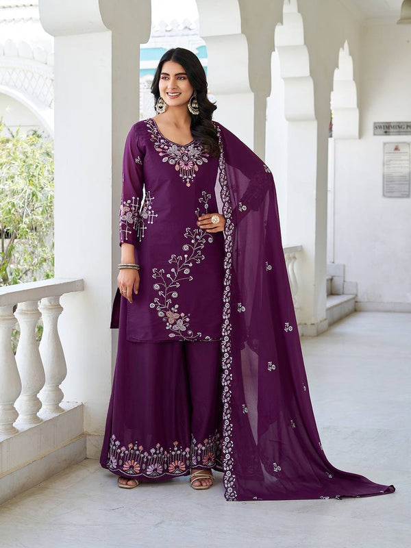 Wedding Wear Wine Color Star Georgette Moti Work And sequence Embroidery Work Palazzo Suit
