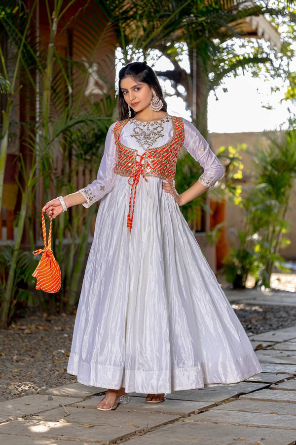 Traditional Wear Off White Color Pure Chinon With Laheriya Printed Beautiful Gown