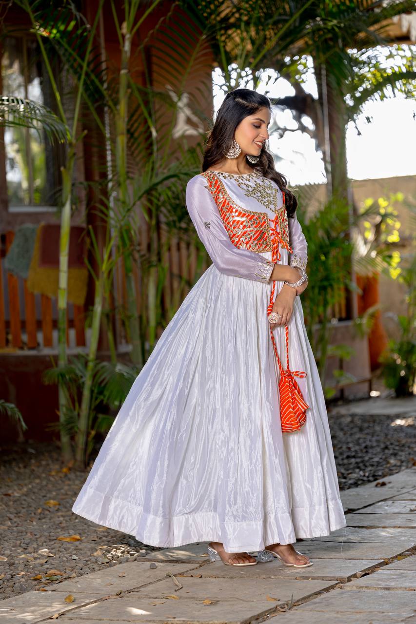 Traditional Wear Off White Color Pure Chinon With Laheriya Printed Beautiful Gown