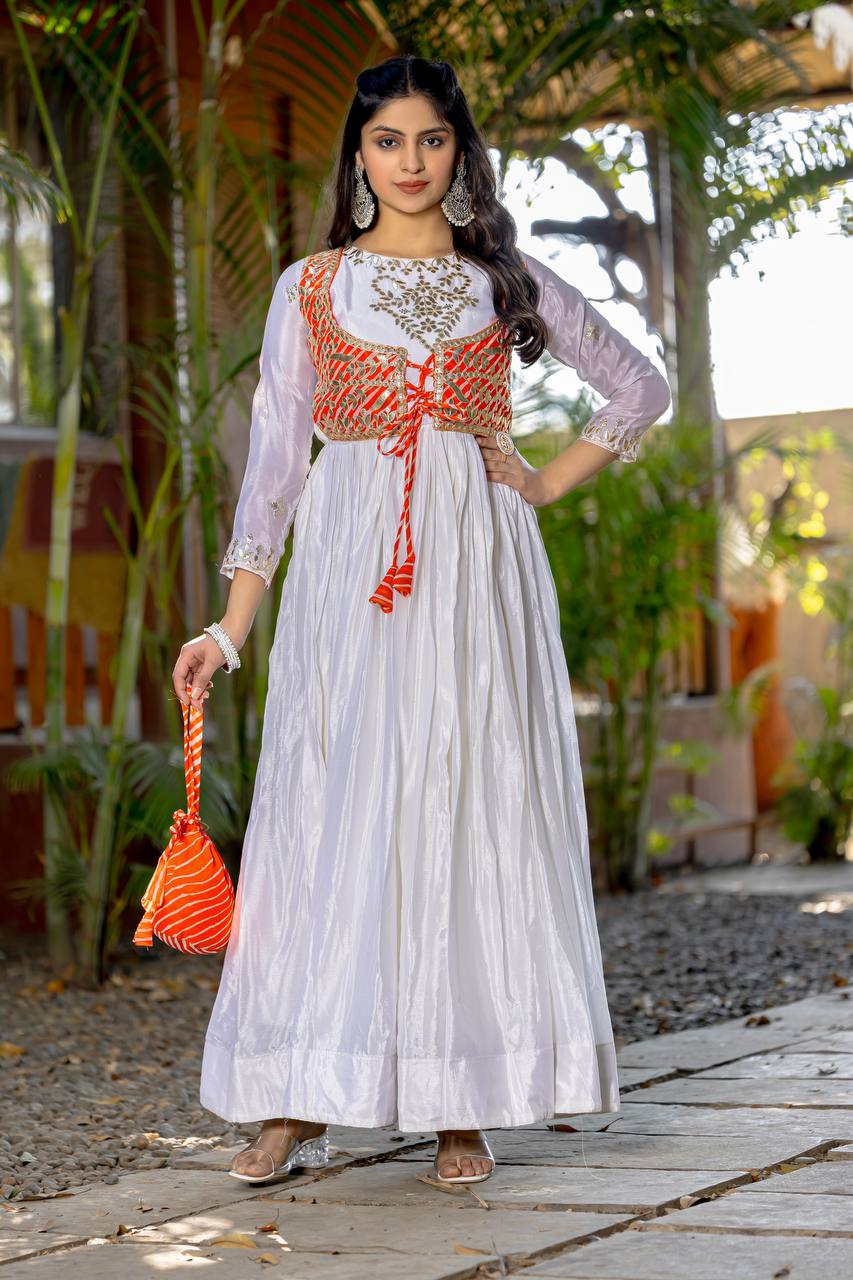 Traditional Wear Off White Color Pure Chinon With Laheriya Printed Beautiful Gown