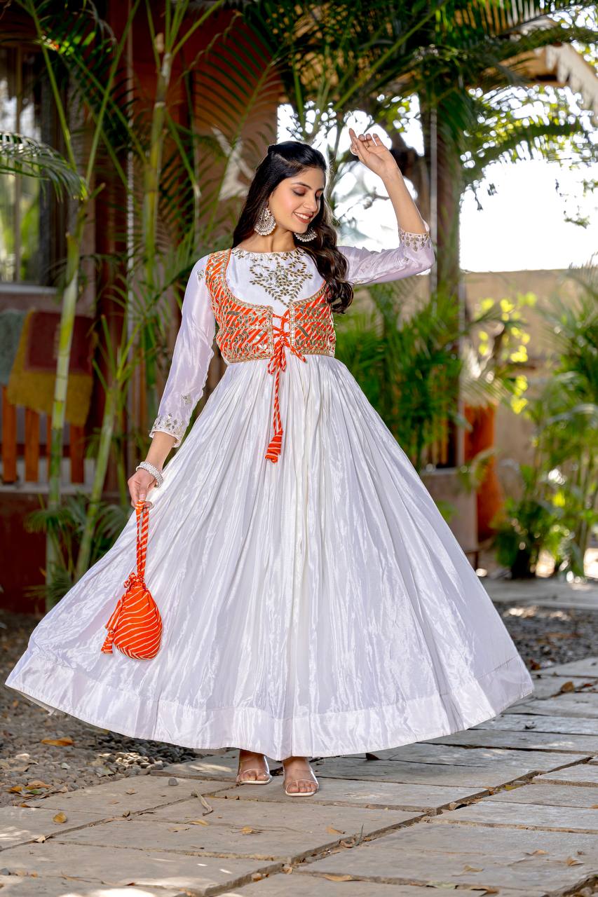 Traditional Wear Off White Color Pure Chinon With Laheriya Printed Beautiful Gown