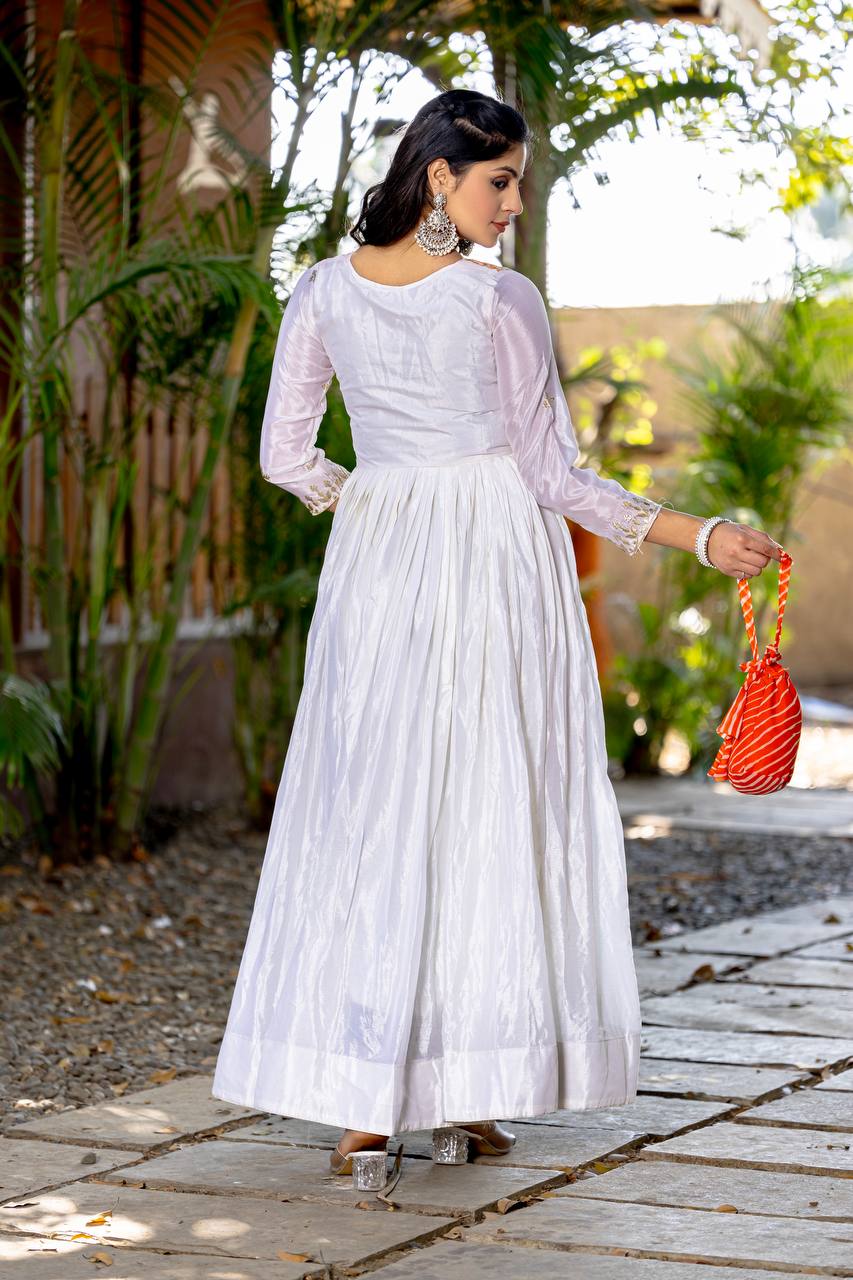 Traditional Wear Off White Color Pure Chinon With Laheriya Printed Beautiful Gown