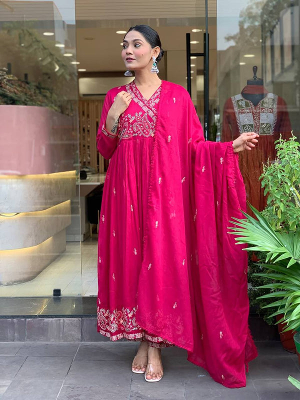 Wedding Wear Pink Color Designer Gown With Pant & Dupatta