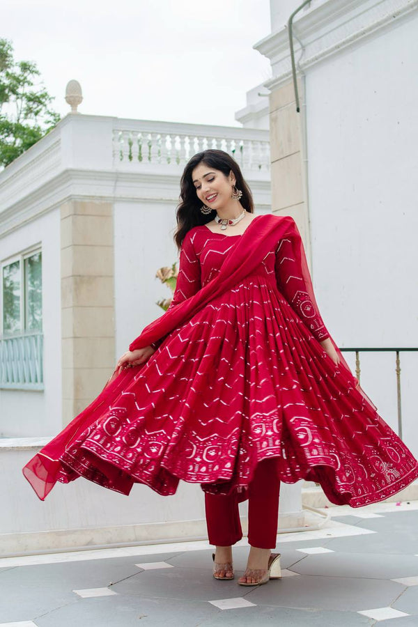 Luxuriant Maroon Color Faux Georgette Fabric With All Over Embroidery Work Anarkali Suit