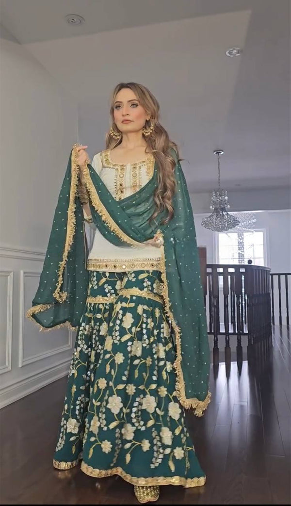 Wedding Wear White And Green Color Heavy Malay Silk With Embroidery 5mm Sequence Work Sharara Suit