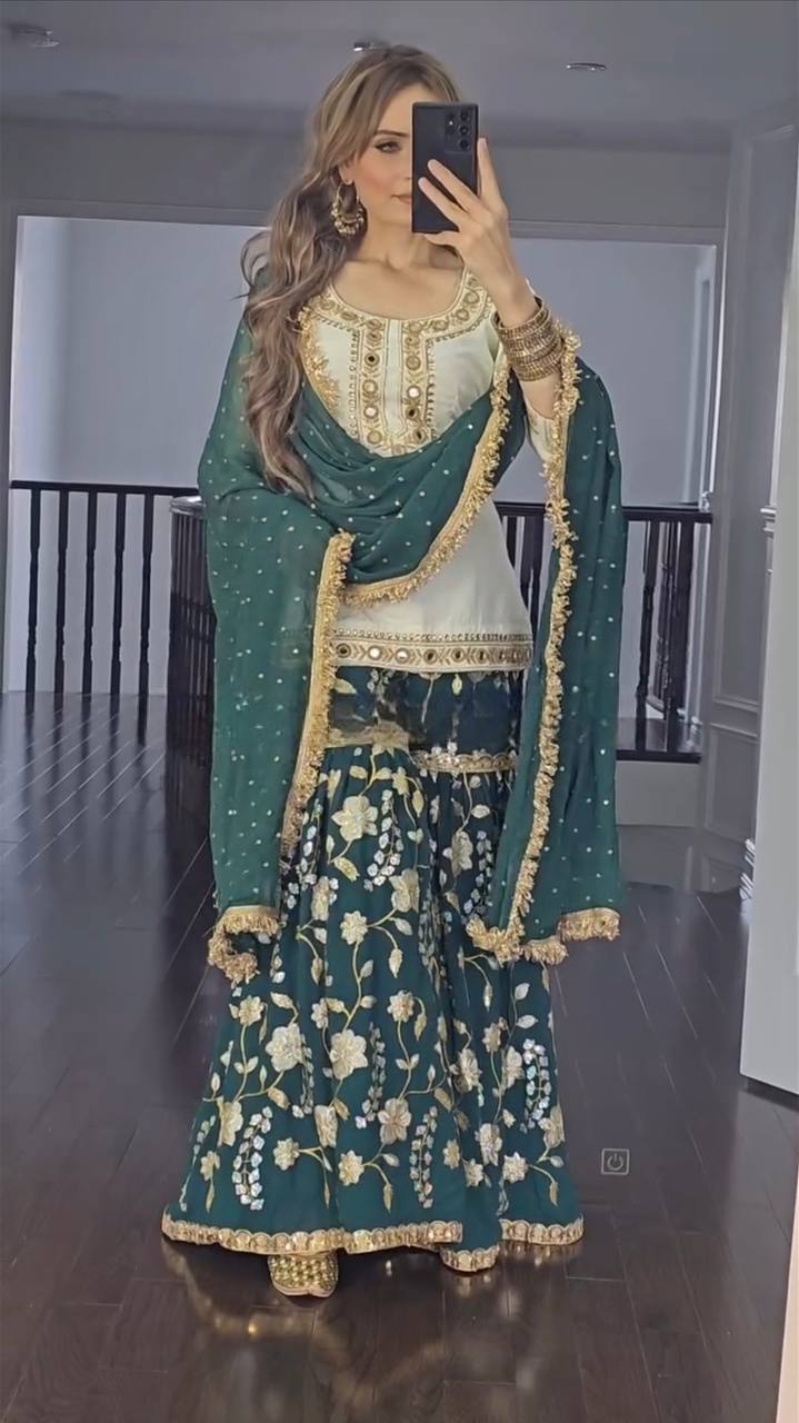 Wedding Wear White And Green Color Heavy Malay Silk With Embroidery 5mm Sequence Work Sharara Suit