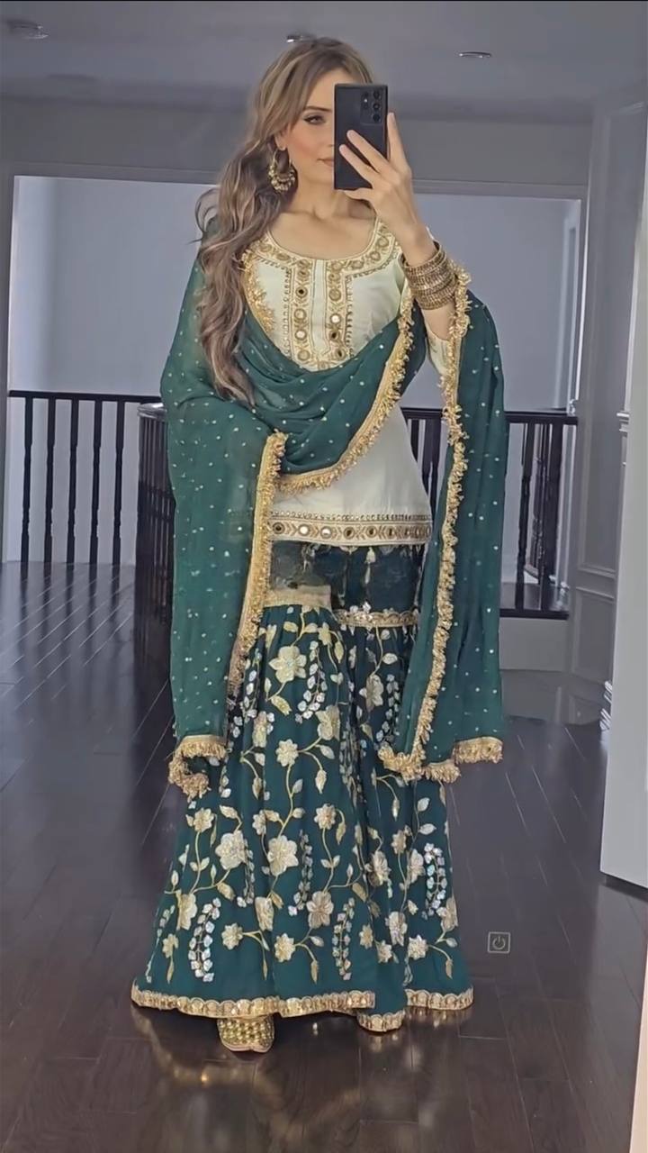 Wedding Wear White And Green Color Heavy Malay Silk With Embroidery 5mm Sequence Work Sharara Suit