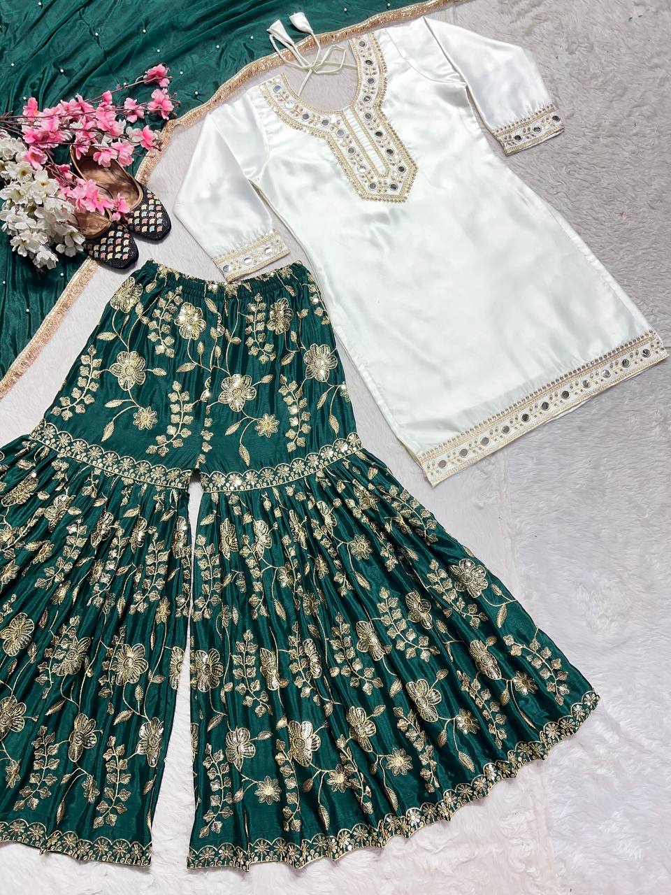 Wedding Wear White And Green Color Heavy Malay Silk With Embroidery 5mm Sequence Work Sharara Suit