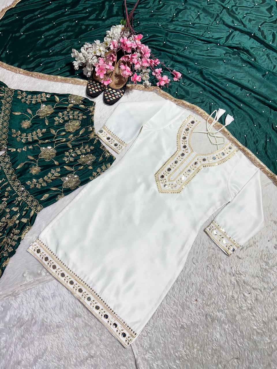Wedding Wear White And Green Color Heavy Malay Silk With Embroidery 5mm Sequence Work Sharara Suit