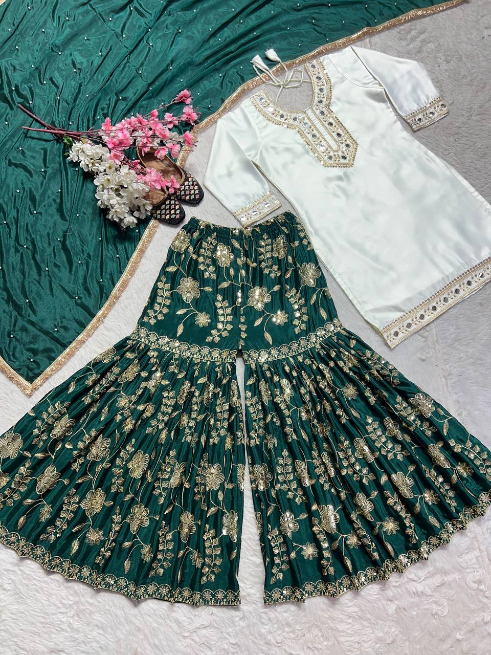 Wedding Wear White And Green Color Heavy Malay Silk With Embroidery 5mm Sequence Work Sharara Suit