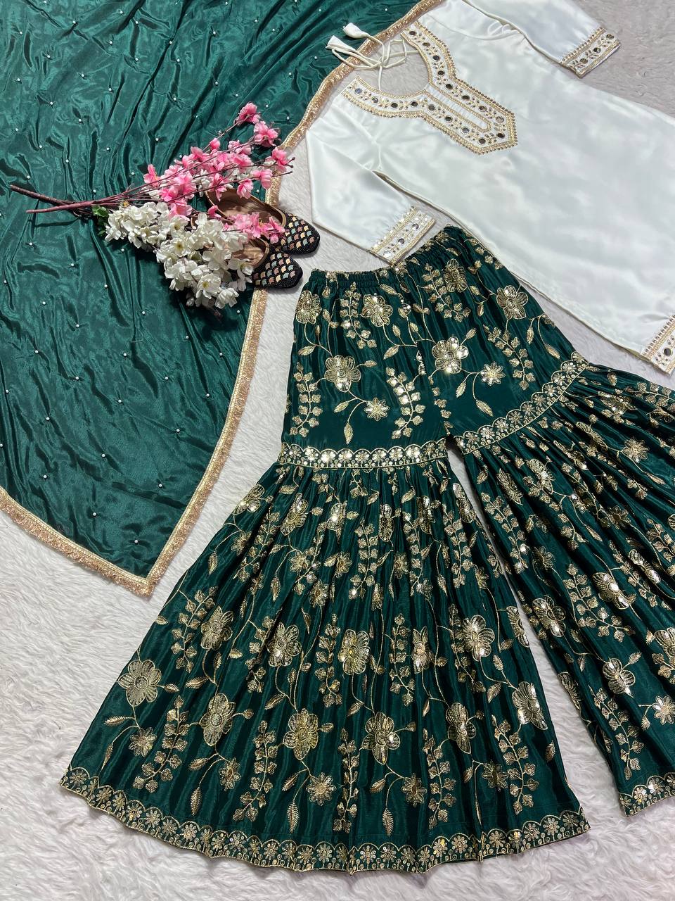 Wedding Wear White And Green Color Heavy Malay Silk With Embroidery 5mm Sequence Work Sharara Suit