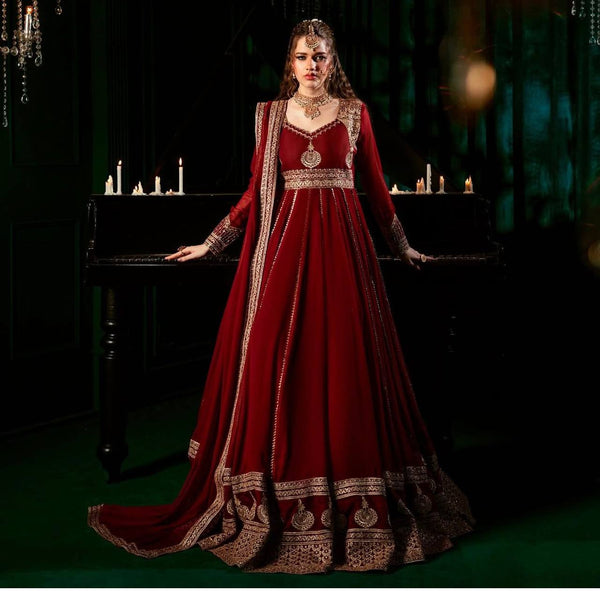 Wedding Wear Maroon Color Embroidery With Sequins Work Anarkali Set