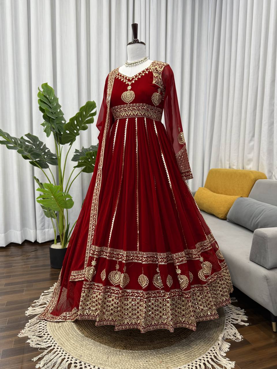 Wedding Wear Maroon Color Embroidery With Sequins Work Anarkali Set