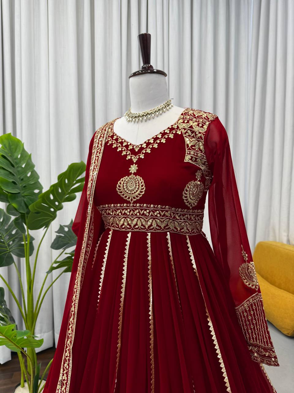 Wedding Wear Maroon Color Embroidery With Sequins Work Anarkali Set