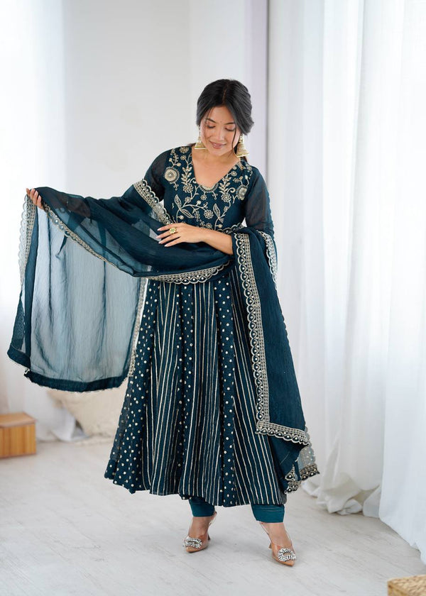 Arti Chauhan's Teal Color Embroidered Designer Gown For Women