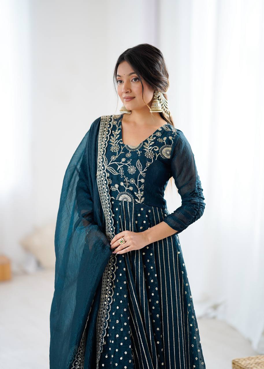 Arti Chauhan's Teal Color Embroidered Designer Gown For Women