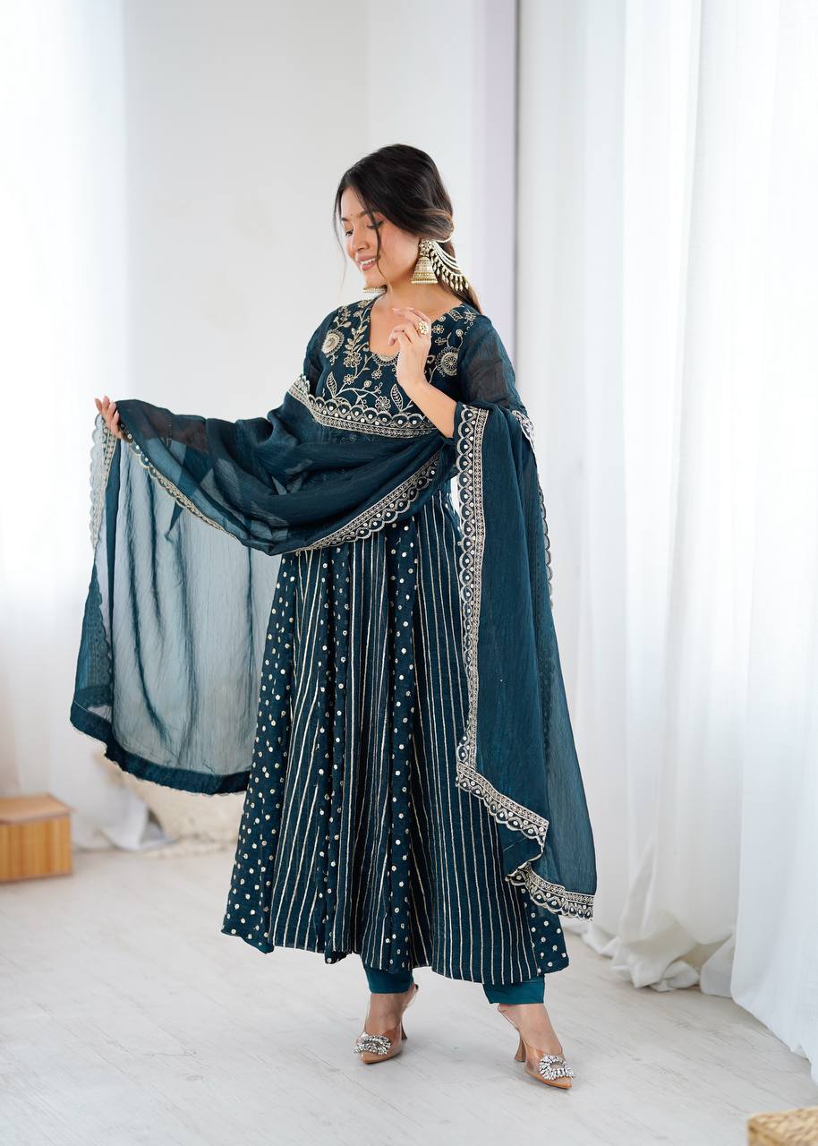 Arti Chauhan's Teal Color Embroidered Designer Gown For Women