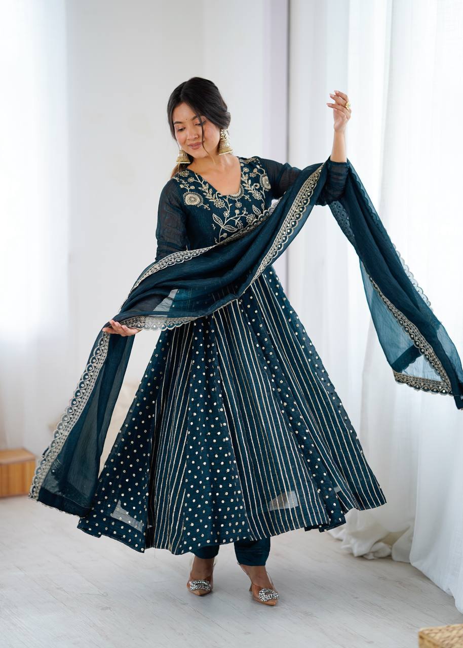 Arti Chauhan's Teal Color Embroidered Designer Gown For Women
