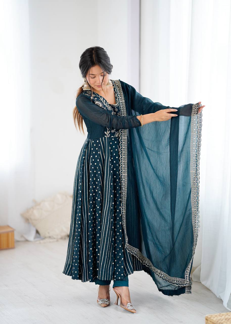 Arti Chauhan's Teal Color Embroidered Designer Gown For Women