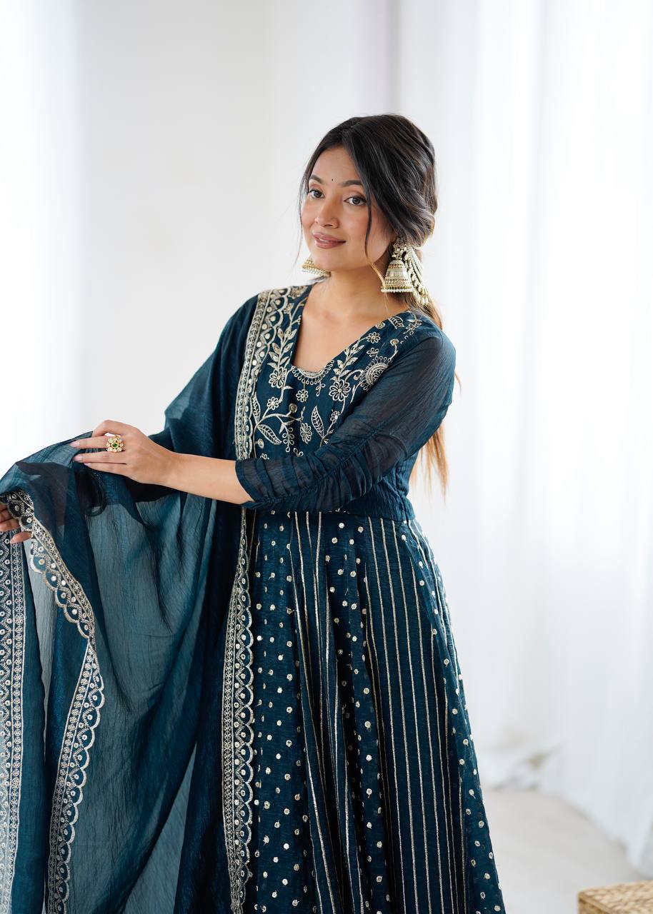 Arti Chauhan's Teal Color Embroidered Designer Gown For Women