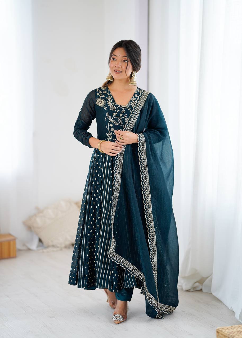 Arti Chauhan's Teal Color Embroidered Designer Gown For Women