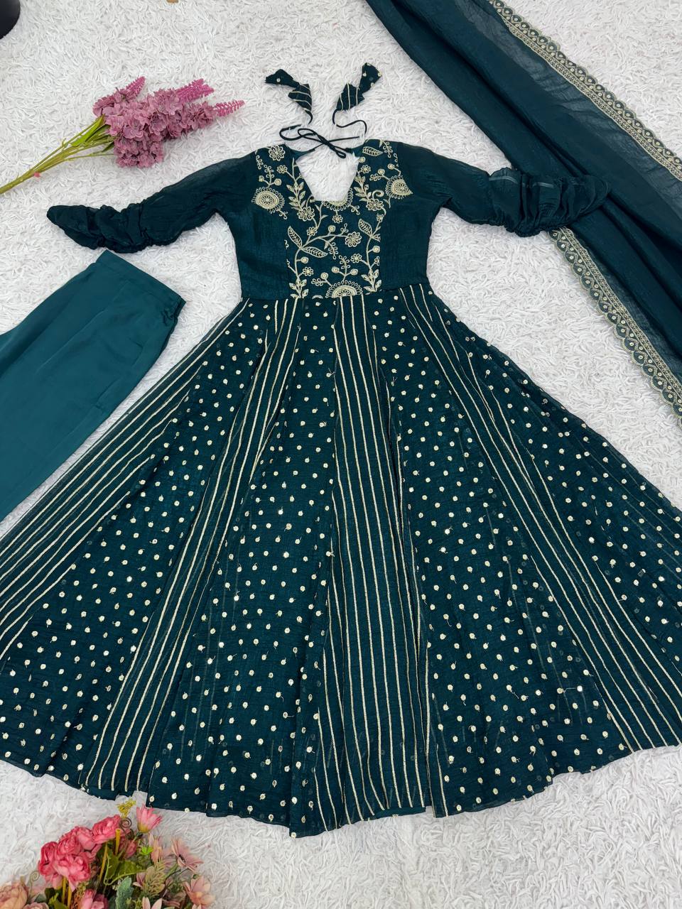 Arti Chauhan's Teal Color Embroidered Designer Gown For Women