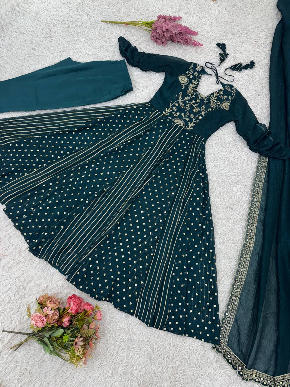 Arti Chauhan's Teal Color Embroidered Designer Gown For Women