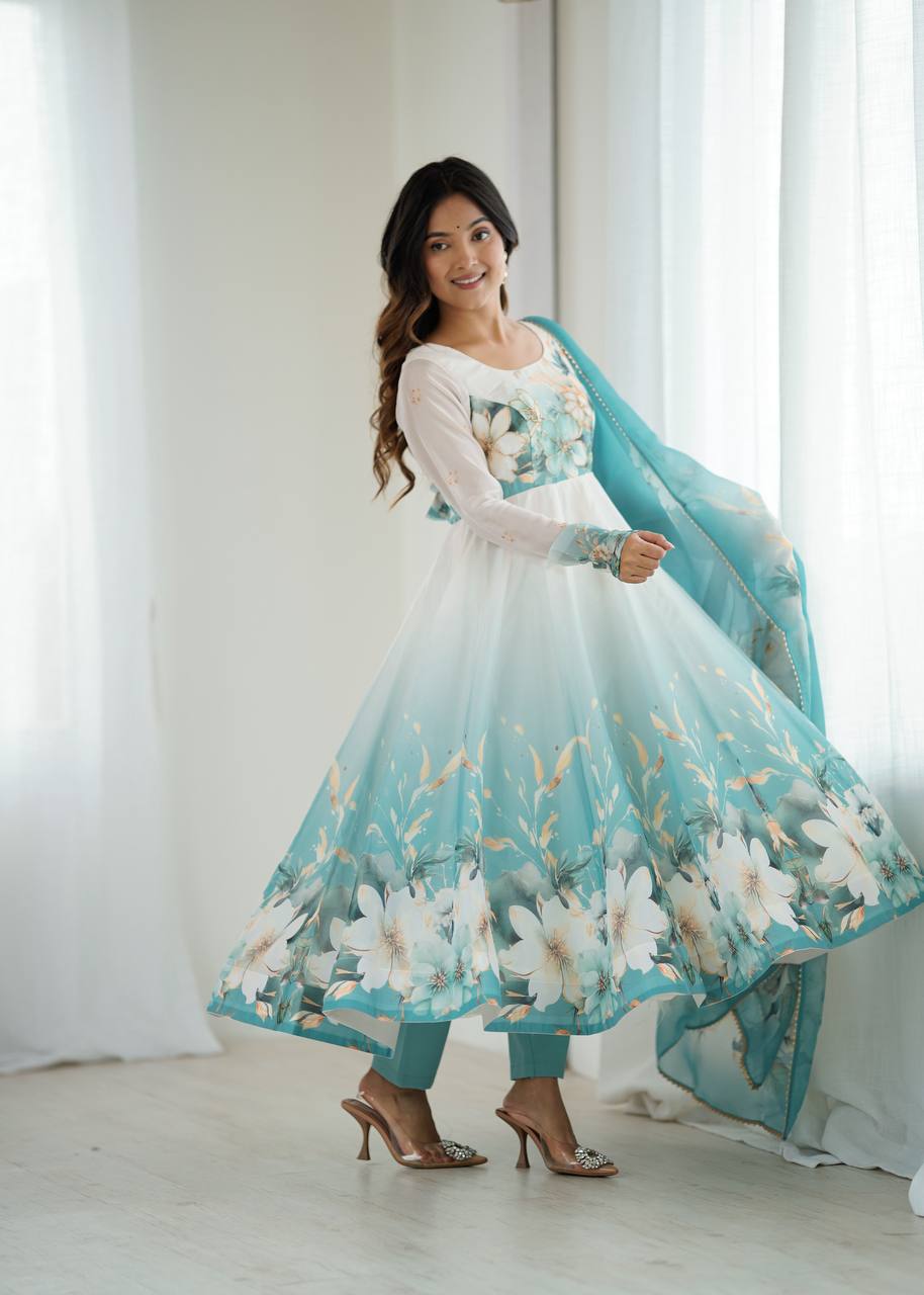 Gorgeous Sky Blue Color Printed Designer Anarkali Suit