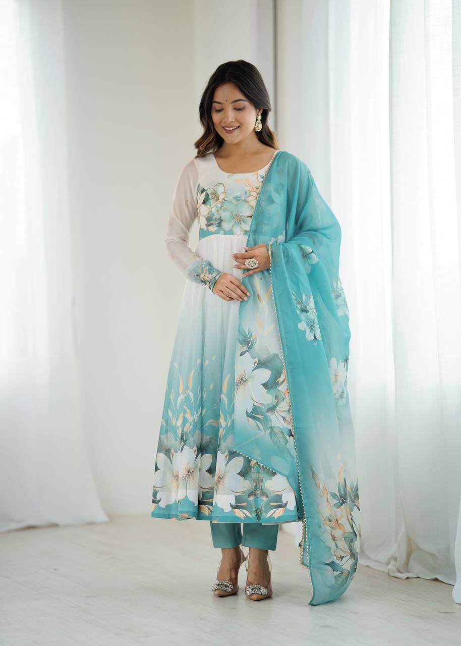Gorgeous Sky Blue Color Printed Designer Anarkali Suit
