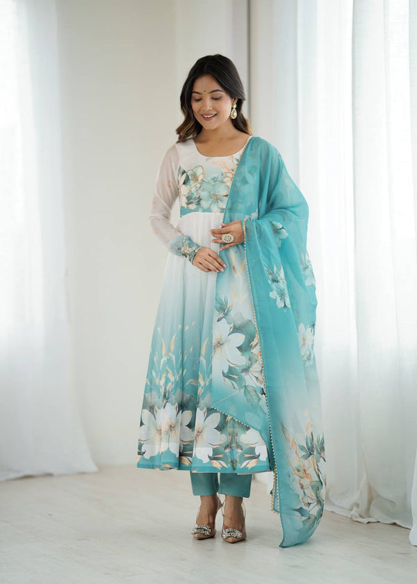Gorgeous Sky Blue Color Printed Designer Anarkali Suit