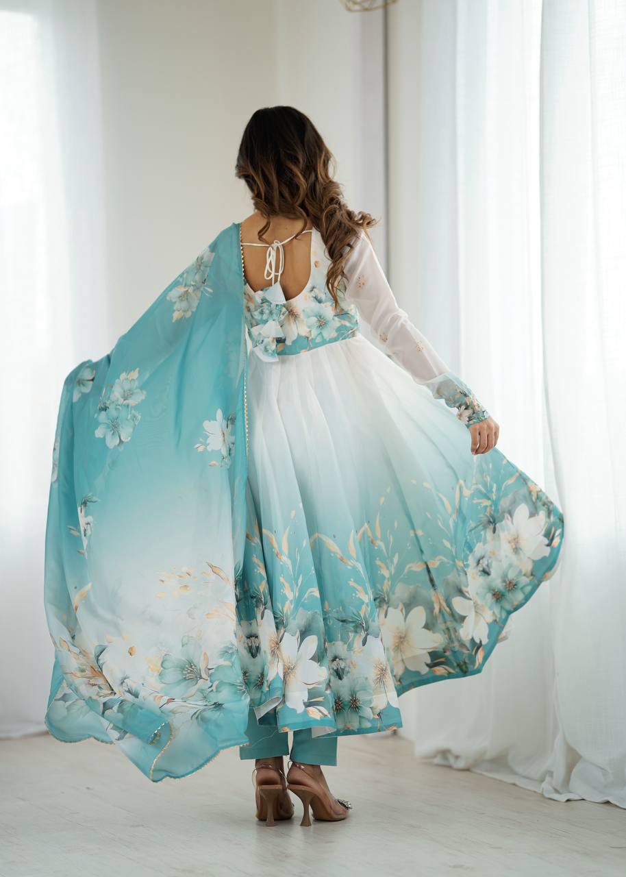 Gorgeous Sky Blue Color Printed Designer Anarkali Suit