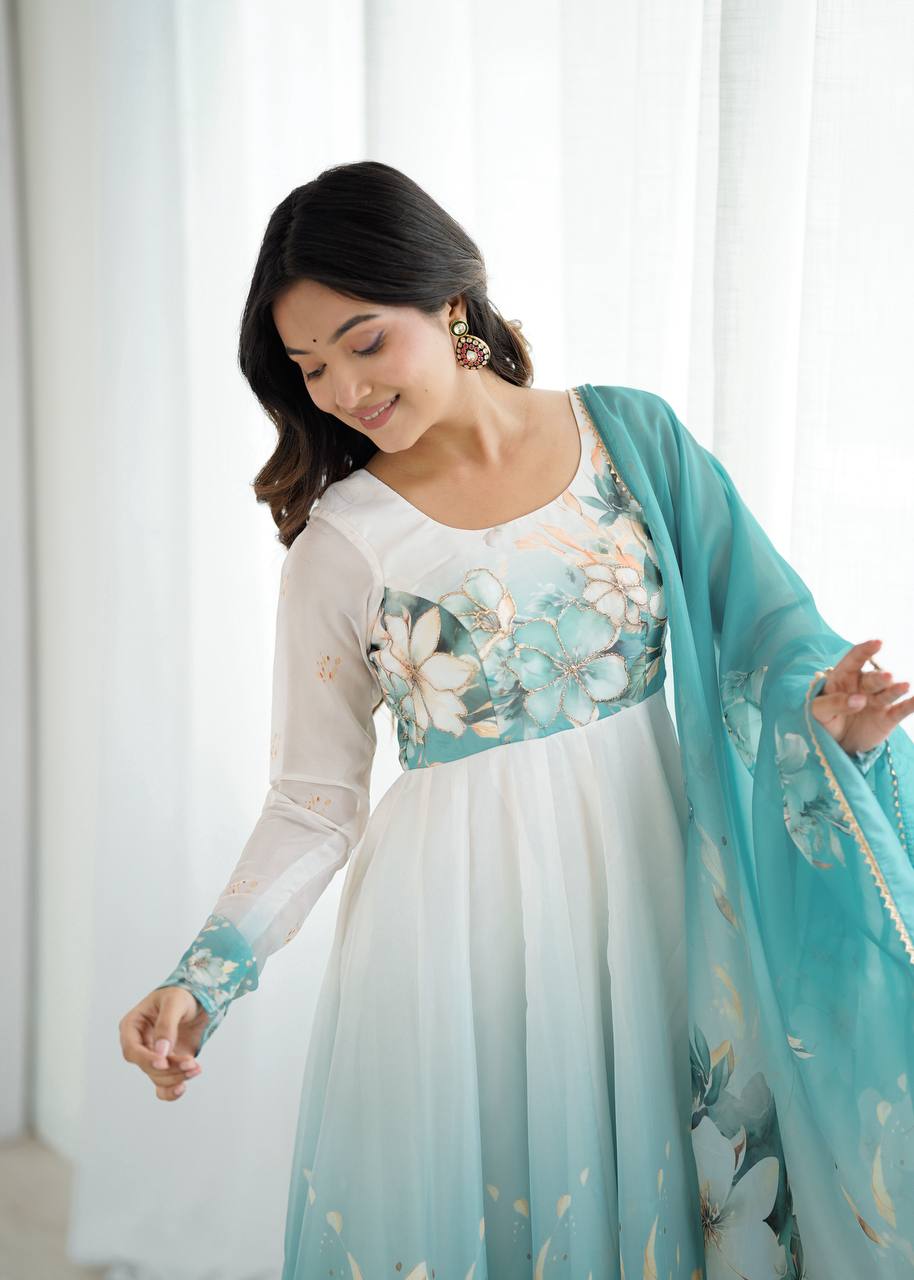 Gorgeous Sky Blue Color Printed Designer Anarkali Suit