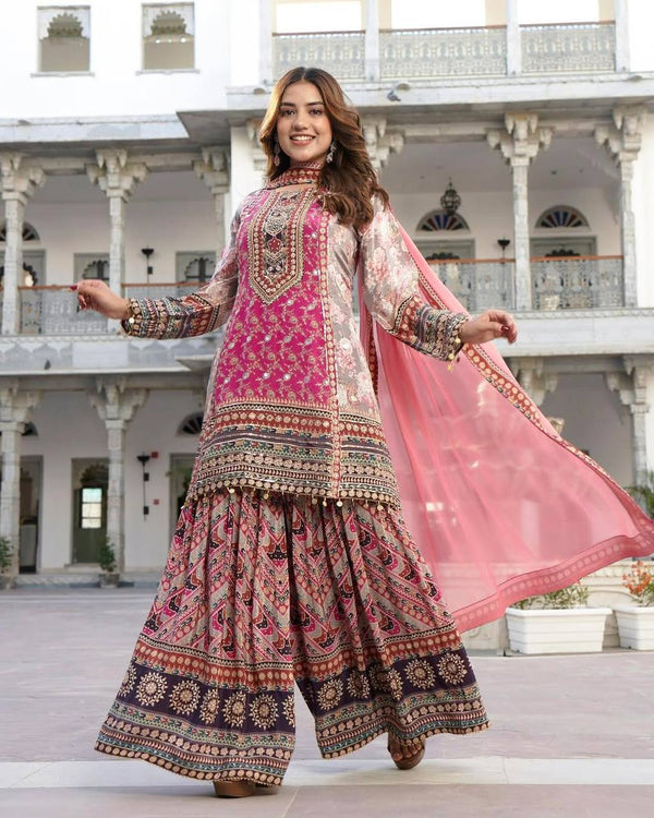 Superhit Pink Color Faux Georgette Digital Print With Real Mirror Hand Work Palazzo Suit