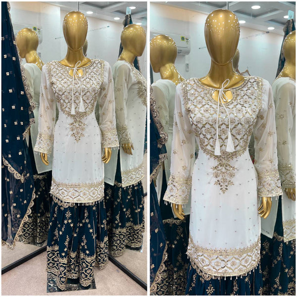 Traditional Wear White Color Heavy Faux Georgette With Embroidery Sequence Work Sharara Suit
