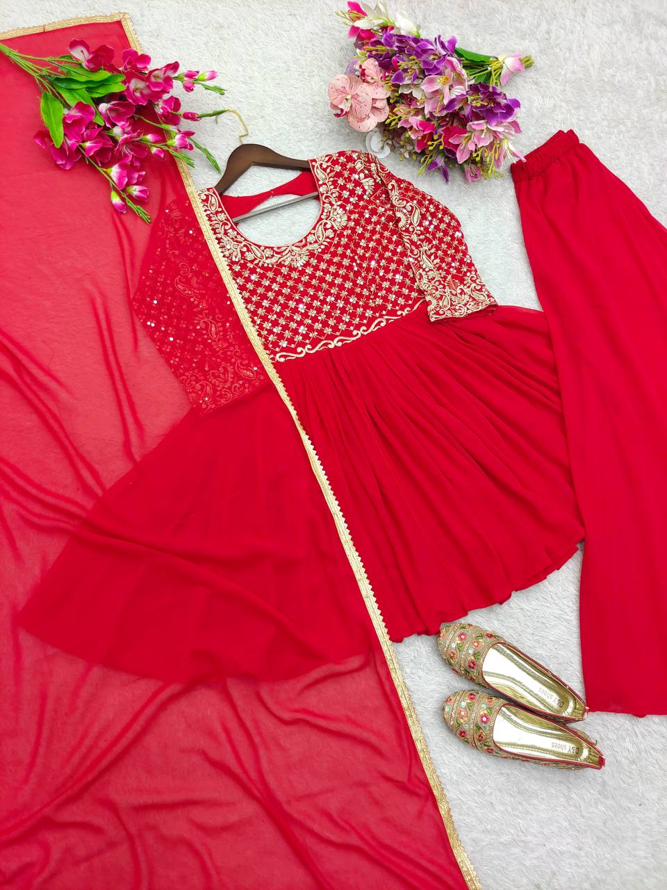 Function Wear Red Color Georgette Kediya Sharara Set With Dupatta